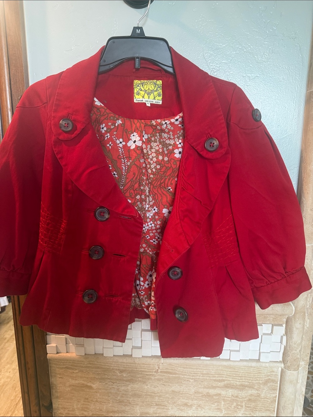 Floreat Red Short Double-Breasted Jacket with Floral Lining